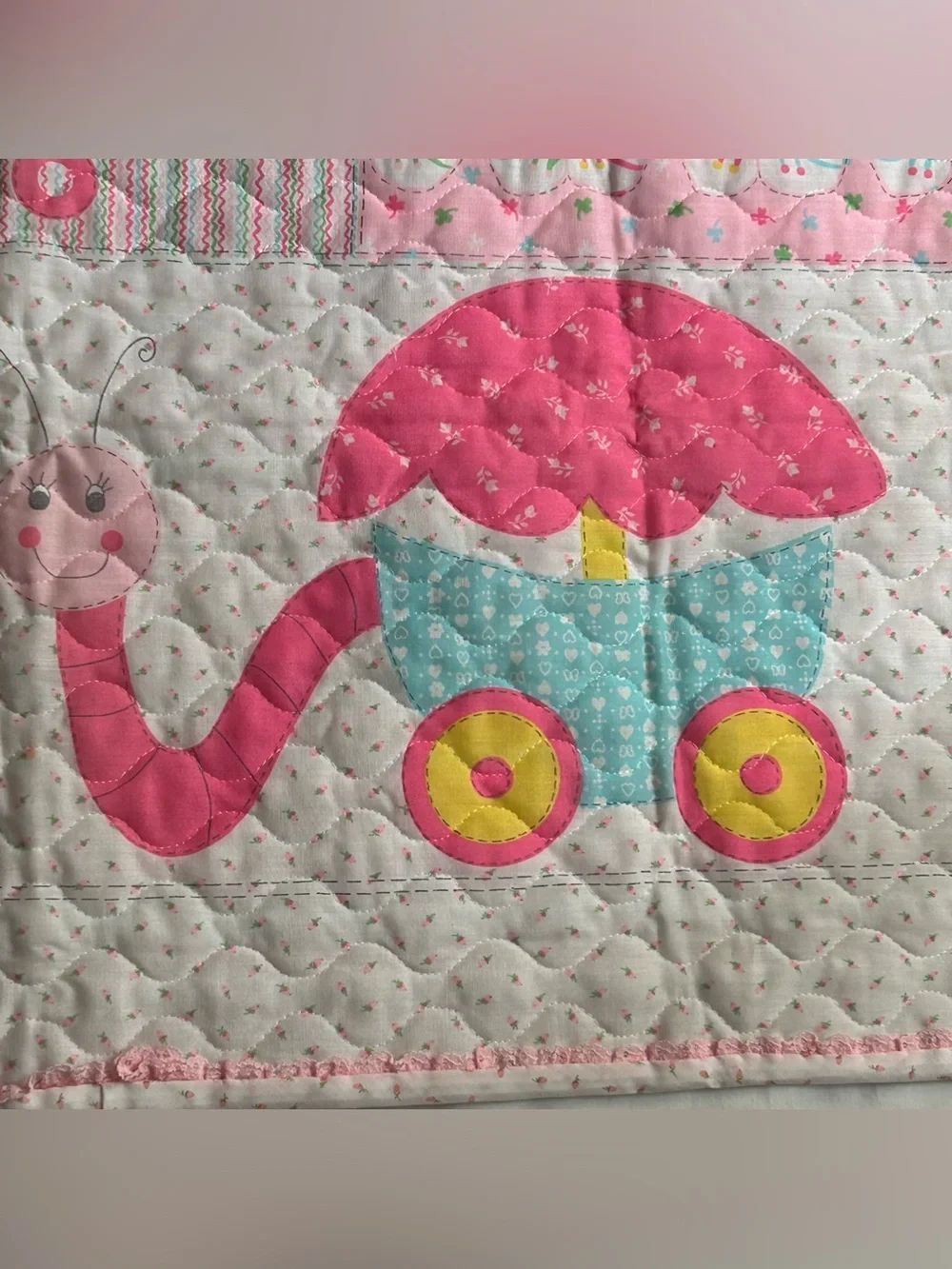 Vintage 70’s Baby Quilt /Giraffe, Rainbow, Teddy Bear 43” L X33”W - IT’S A GIRL